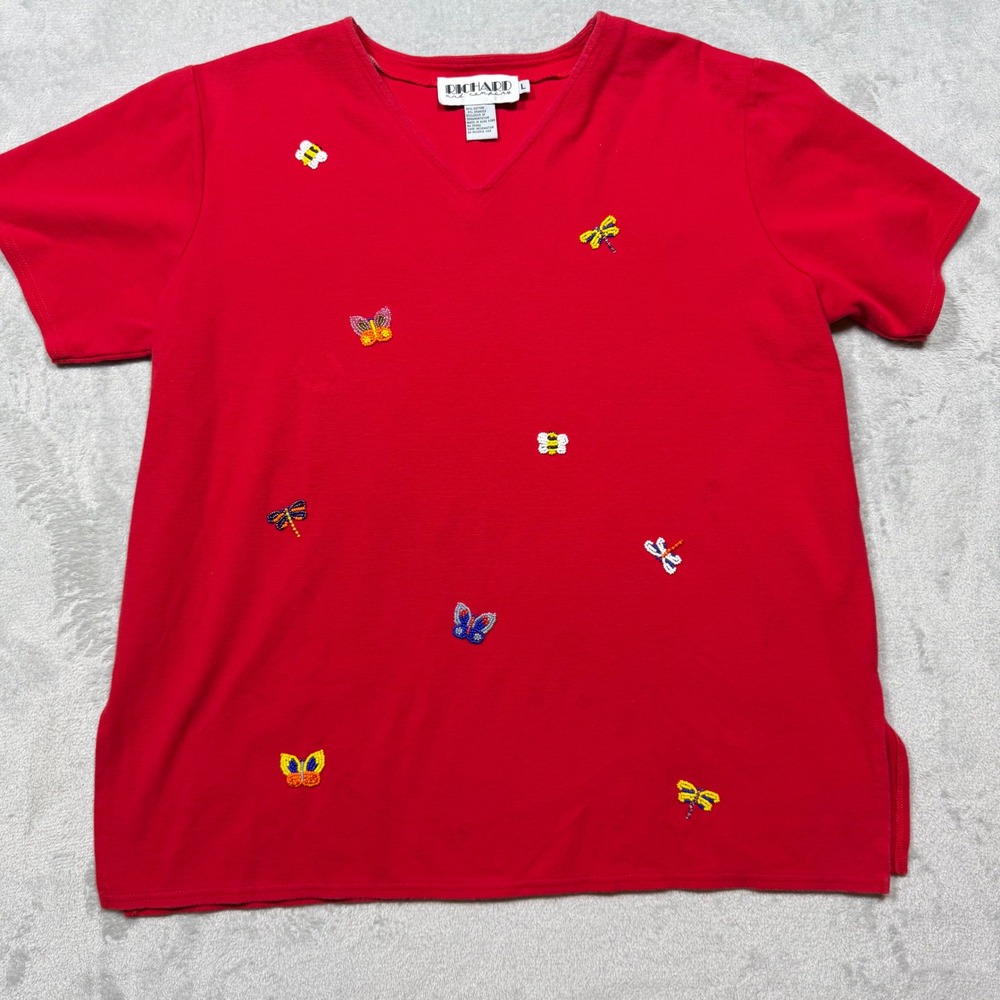 Vintage 90s Red Cotton Beaded Butterfly Dragonfly V-Neck Top Sz L Garden Unique‎